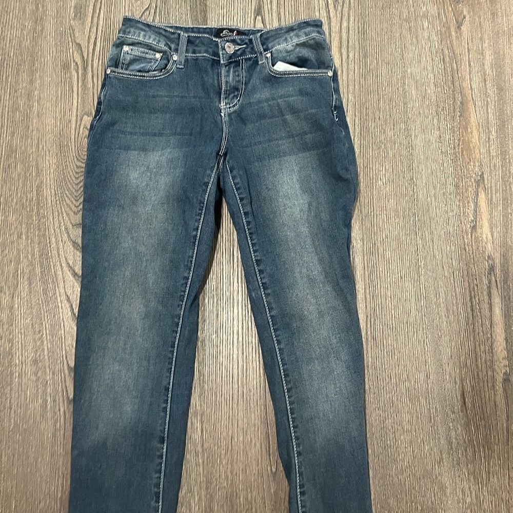Earl Jean Slim Boot Dark Wash Faded Embroidered Jeans Size 4 Petite - Picture 2 of 11